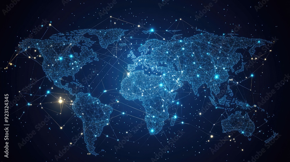 Poster modern abstract world map with glowing data connections and network nodes, representing global busin