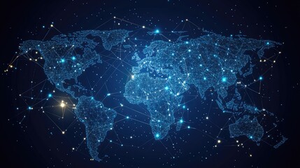 Fototapeta premium Modern abstract world map with glowing data connections and network nodes, representing global business and telecommunication. Vector illustration of interconnected global data.