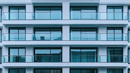 A close-up of a modern apartment buildings facade, showcasing the symmetry of glass windows and balconies, capturing the essence of minimalist architecture.