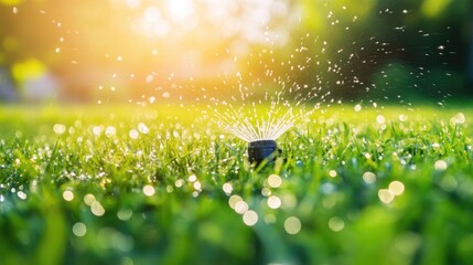 Obraz premium A close-up of an automatic irrigation sprinkler head, watering a vibrant green lawn, with droplets catching the sunlight as they spread across the grass.