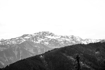 Obraz premium View of the landscape at Markbachjoch near Niederau. Nature and the surrounding mountains near Wildschönau in Tyrol. 