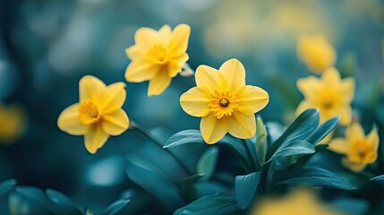 Fototapeta premium A close-up of yellow flowers blooming in the springtime, with the background blurred to emphasize the delicate petals and fresh leaves.