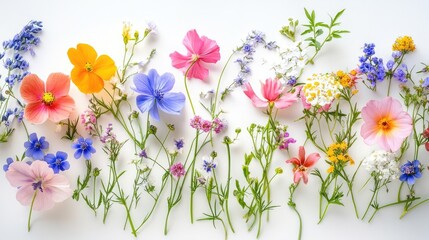 A delicate arrangement of summer flowers on a white backdrop, with vibrant colors and soft shadows creating a serene and natural scene.