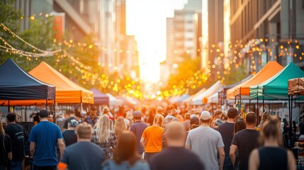 Obraz premium A vibrant city street filled with people enjoying a market at sunset, surrounded by colorful tents and festive lights.