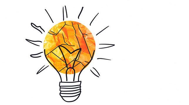 A light bulb surrounded by a black dash on a white background symbolizes new ideas, innovation, and creativity. The lightbulb is drawn in cartoon style with bold lines and vibrant colors