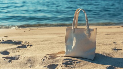 A fashionable shopper bag resting on the sand, with footprints leading to the water, evoking a casual, beachside shopping scene.