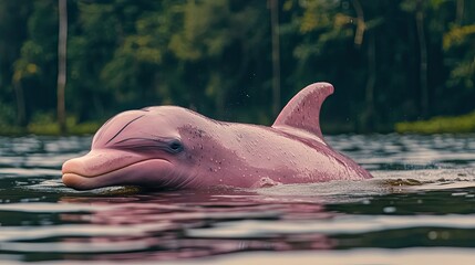 Pink River Dolphin Emerging from Water with Green Background