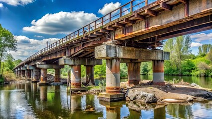 Naklejka premium Crumbling concrete bridge with broken rails and rusted beams stretches precariously over polluted waters, symbolizing decay and neglect of critical urban infrastructure.