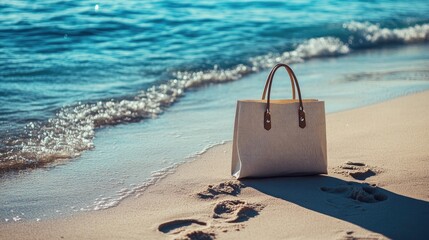 A fashionable shopper bag resting on the sand, with footprints leading to the water, evoking a casual, beachside shopping scene.
