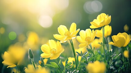 Fototapeta premium A field of yellow spring flowers in full bloom, with the soft sunlight enhancing their vibrant color, set against a natural green background.