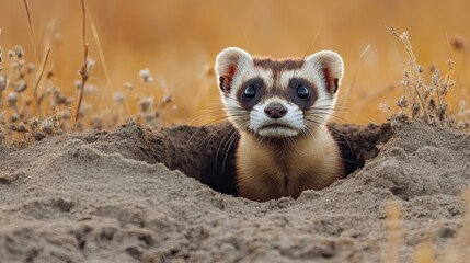 Fototapeta premium Black-footed Ferret Peeking Out of Its Burrow