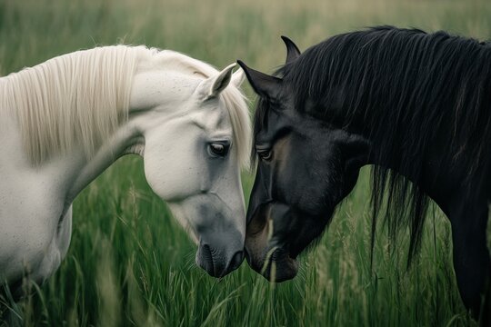 white and black horses touching their heads against each other on a background of grass 