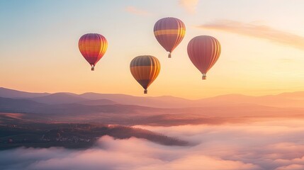 Fototapeta premium A group of colorful air balloons ascending in the sky at dawn, with soft light illuminating the scene.
