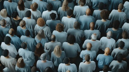 Fototapeta premium Aerial view of a large crowd of people, creating a textured background with a bird's-eye perspective, showcasing hundreds of individuals in a toned palette.