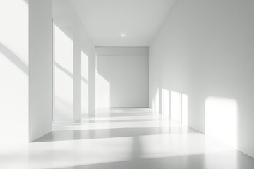 A bright, minimalist corridor with sunlight streaming through large windows, showcasing a clean design and open space. Generative AI