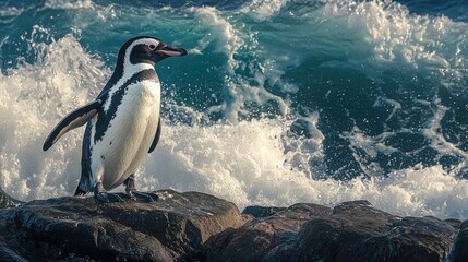 Fototapeta premium A Humboldt Penguin standing on a rocky shoreline, with the waves crashing behind it, capturing its natural habitat.