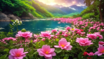 This is a picture of a lake with pink flowers and mountains in the background.

