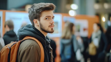Portrait of a student at a job fair. Choosing a profession and finding an employer.
