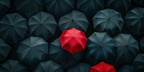 Red umbrella among many black ones. Metaphor individuality. Concept unique personality.
