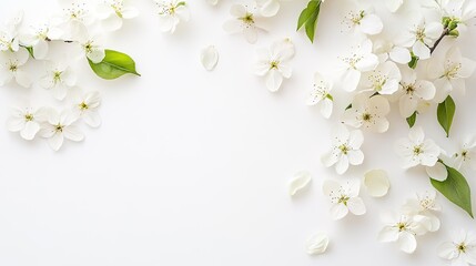 A minimalist composition of fresh spring tree blossoms arranged on a clean white background, with scattered petals creating a tranquil, seasonal atmosphere.