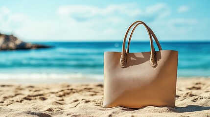 A mockup of a shopper handbag placed on a sunny beach, with golden sand and a blue ocean in the background, ideal for summer promotions.