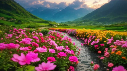 Obraz premium This is a picture of a lake with pink flowers and mountains in the background.