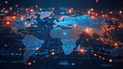 Fototapeta premium Reflection Abstract digital world map, concept of global network and connectivity on Earth, data transfer and cyber technology, information exchange and international telecommunication, Ai