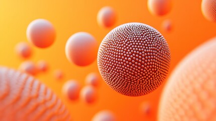 Fototapeta premium Realistic 3D spheres with intricate dot or letter textures against an orange backdrop. Ideal for creating striking banners and modern abstract vector illustrations. -