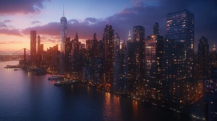 Fototapeta premium A panoramic view of a majestic city skyline at dusk, with skyscrapers lighting up as the last rays of sunlight disappear.