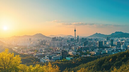 Naklejka premium A panoramic view of Seoul, South Korea, with the city skyline against a backdrop of mountains, showcasing the blend of modern architecture and natural beauty.