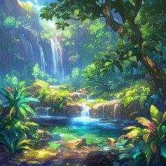 Obraz premium Enchanting Anime-Style Summer Valley in Japan: Lush Green Landscape with Cascading Waterfalls and Vibrant Flora. Dreamy 4K Wallpaper for Creative Marketing, Children's Book Illustrations, and Stunning