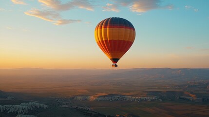 Obraz premium A striking red hot-air balloon soaring over hills and mountains, with clouds below and the sun rising on the horizon.