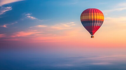 Fototapeta premium A striking red hot-air balloon soaring over hills and mountains, with clouds below and the sun rising on the horizon.