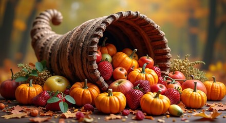 Vibrant autumn harvest scene with cornucopia, varied fruits and pumpkins, seasonal decor for marketing, home decor, educational uses, psychological warmth.