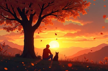 serene sunset, person and dog, under tree, autumn colors, emotional connection, nature retreat, peaceful moment, copy space available, versatile for lifestyle and pet branding