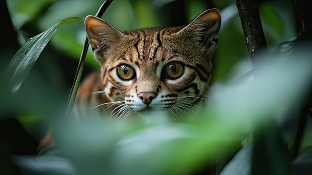 A Close-Up of a Rusty-Spotted Cat Hiding in Foliage