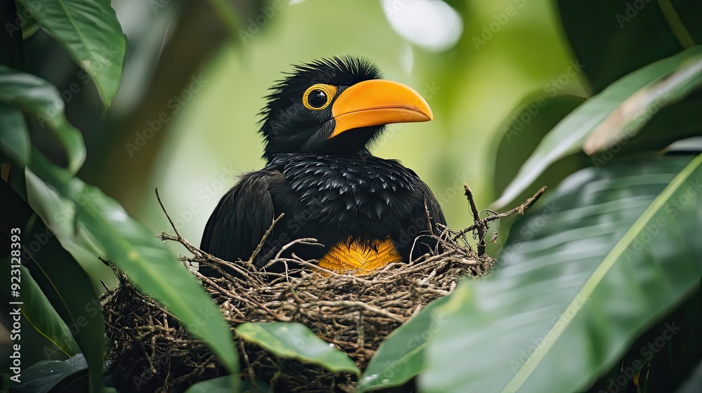 Wall mural Black and Yellow Bird Perched in a Nest