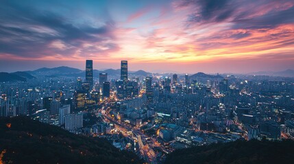 A twilight view of Seoul cityscape, with glowing skyscrapers and busy streets, reflecting the dynamic and ever-evolving nature of South Korea's capital.