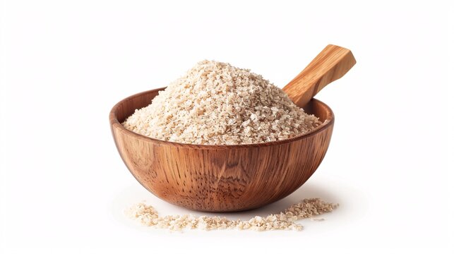 High-fiber psyllium powder in a bowl on a white background.