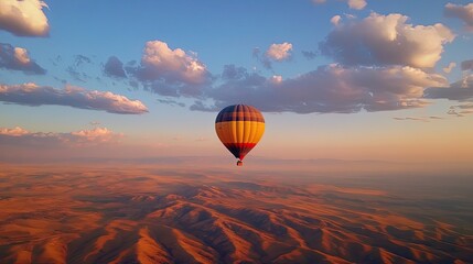 Obraz premium A striking red hot-air balloon soaring over hills and mountains, with clouds below and the sun rising on the horizon.