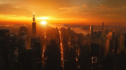 Fototapeta premium A wide-angle shot of a city skyline at dusk, with the golden glow of streetlights and the silhouettes of skyscrapers against the twilight.