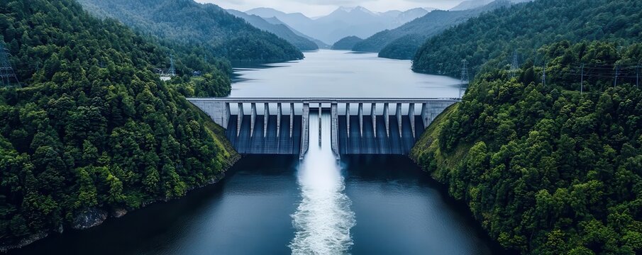 Aerial view of a large hydropower dam with water cascading down, surrounded by lush mountains, photo-realistic, renewable energy generation