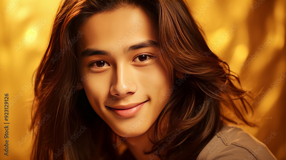 Wall mural portrait of a cute handsome happy asian teenager guy with long hair and perfect skin, golden backgro