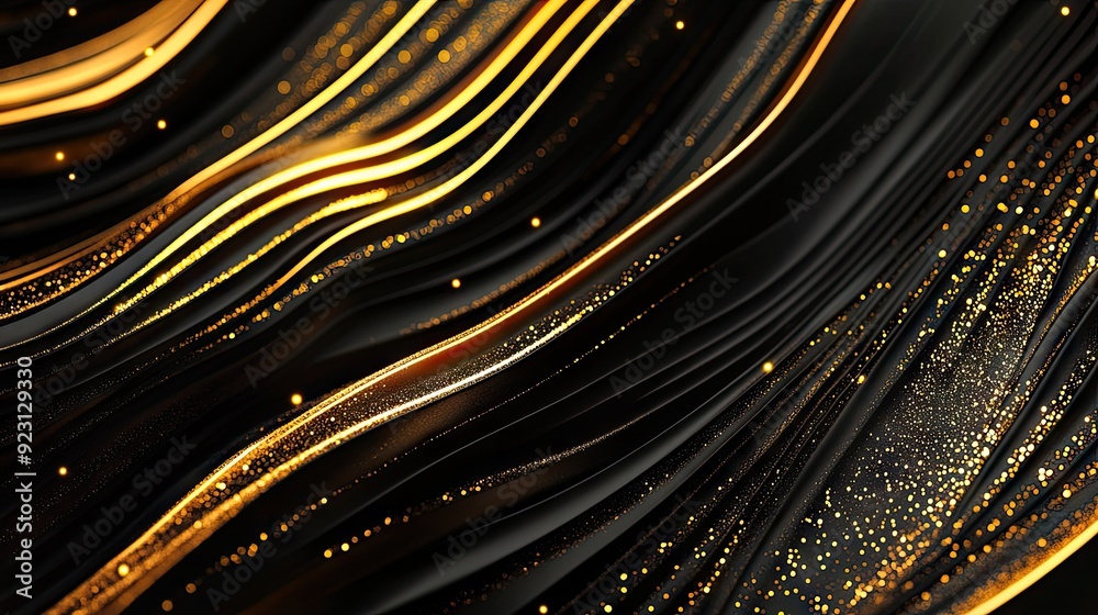 Fototapete stylish 3d black background with gold lines curving gracefully and sparkling, perfect for a luxury t