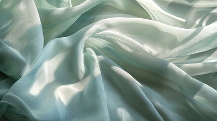 Fototapeta premium Gentle folds of pastel sage green and blue cloth, with soft sunlight filtering through and casting abstract floral shadows, evoking a calm and soothing atmosphere.