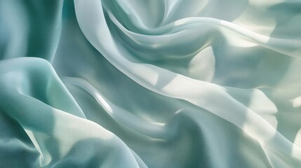 Obraz premium Gentle folds of pastel sage green and blue cloth, with soft sunlight filtering through and casting abstract floral shadows, evoking a calm and soothing atmosphere.