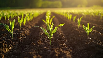 Rows of young corn seedlings emerging from the soil in a field, under the warm sunlight, representing new growth and agriculture.