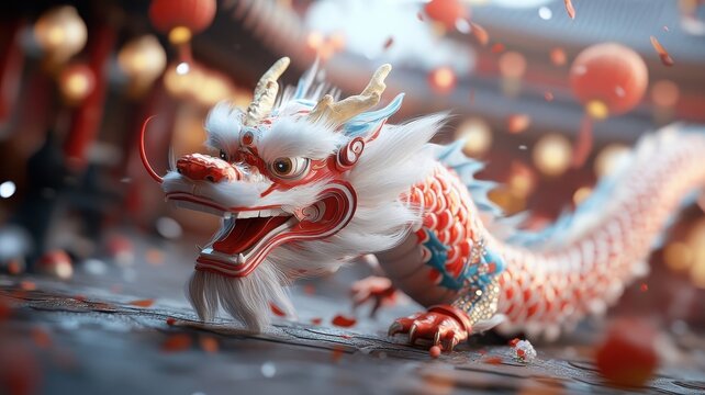 Dragon dance performance with vibrant colors and shimmering scales.