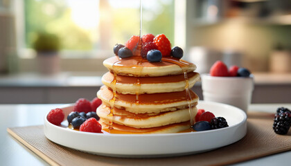 a stack of pancakes with the topping of raspberries and blueberries with sugar syrup