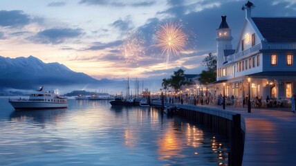 Naklejka premium Vibrant fireworks burst above a scenic harbor at twilight, their reflections shimmering on calm waters.